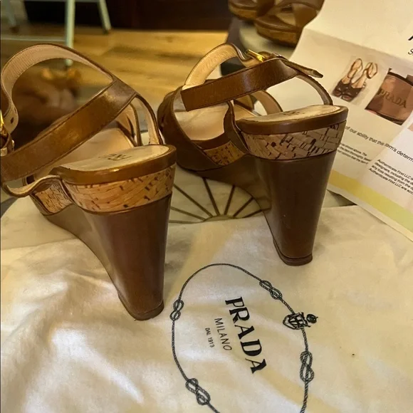 Prada, size 37.5 EU (7 US), Tan Leather Wedge Sandals, w/ Prada dust bag & COA - Picture 10 of 12